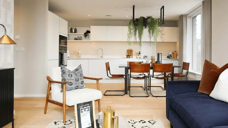 Modern kitchen-dining-living room in a light, bright and modern apartment at Brabazon